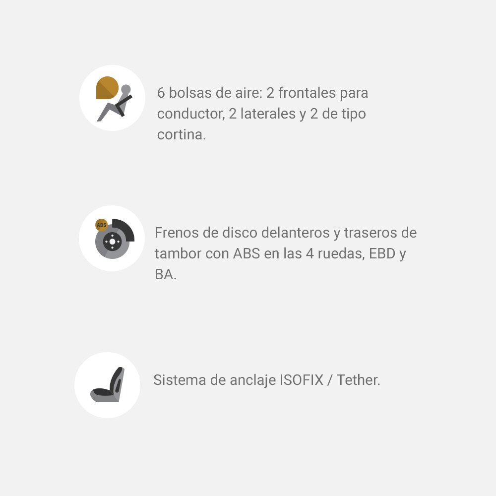Íconos de seguridad para Onix 2023: 6 bolsas de aire, frenos de disco delantero; así como sistema de anclaje ISOFIX