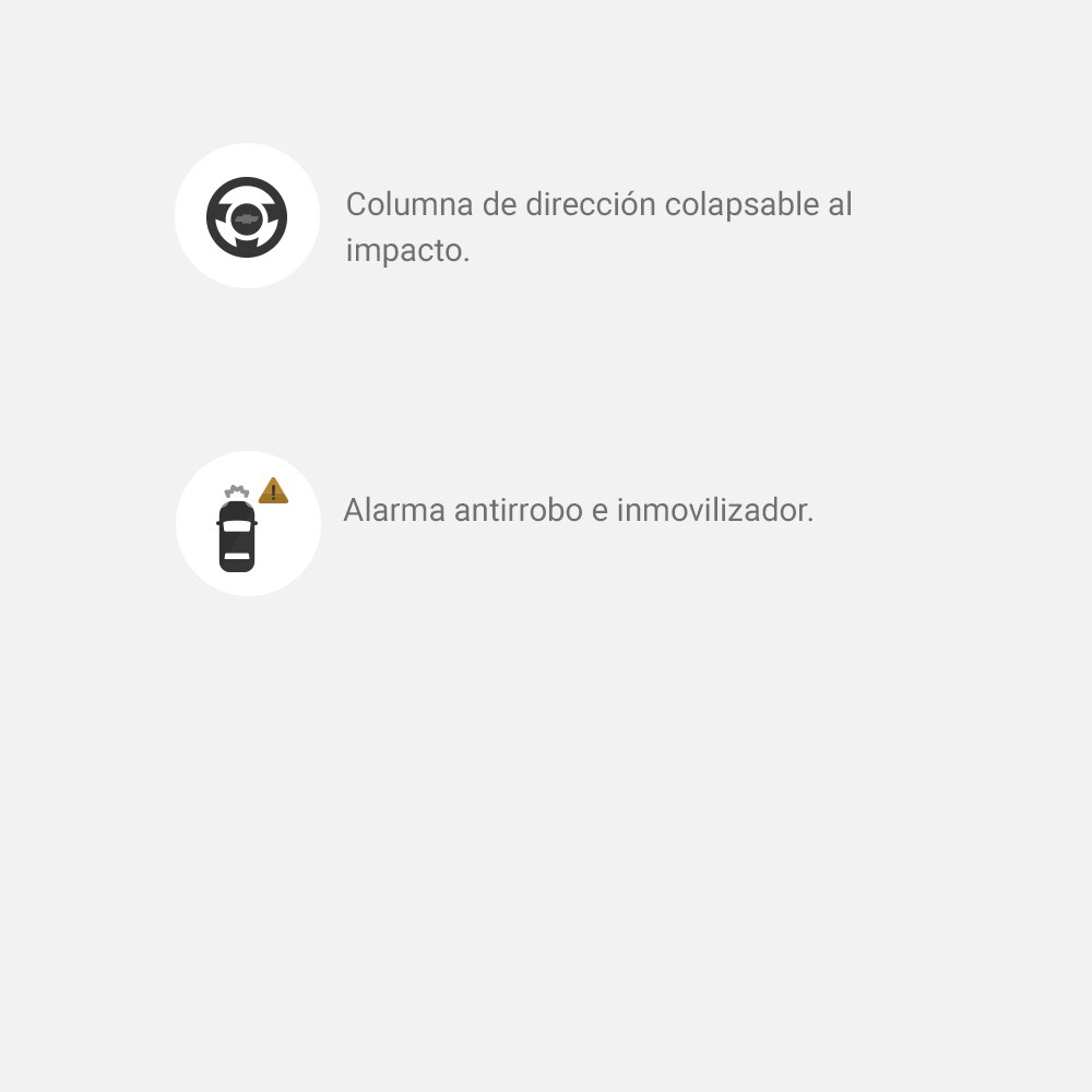 Íconos de seguridad para Onix 2023: columna de dirección colapsable al impacto y alarma antirrobo e inmovilizador